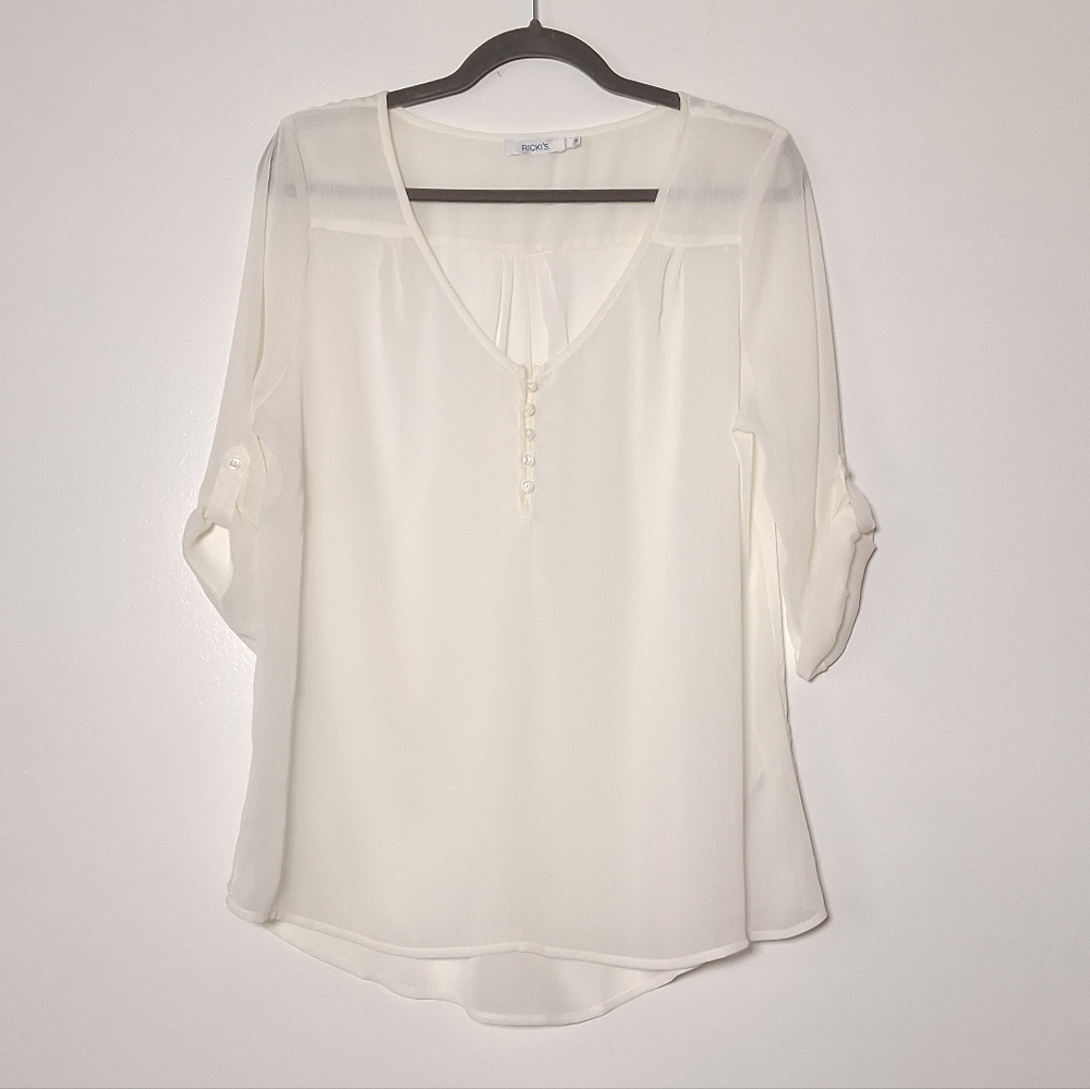 Ricki's Blouse white semi-sheer roll-tab sleeves V-neck Size 10